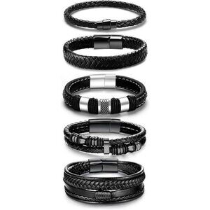 Black Leather Bracelets for Men Women 5pcs Mens Bracelet Leather and Steel